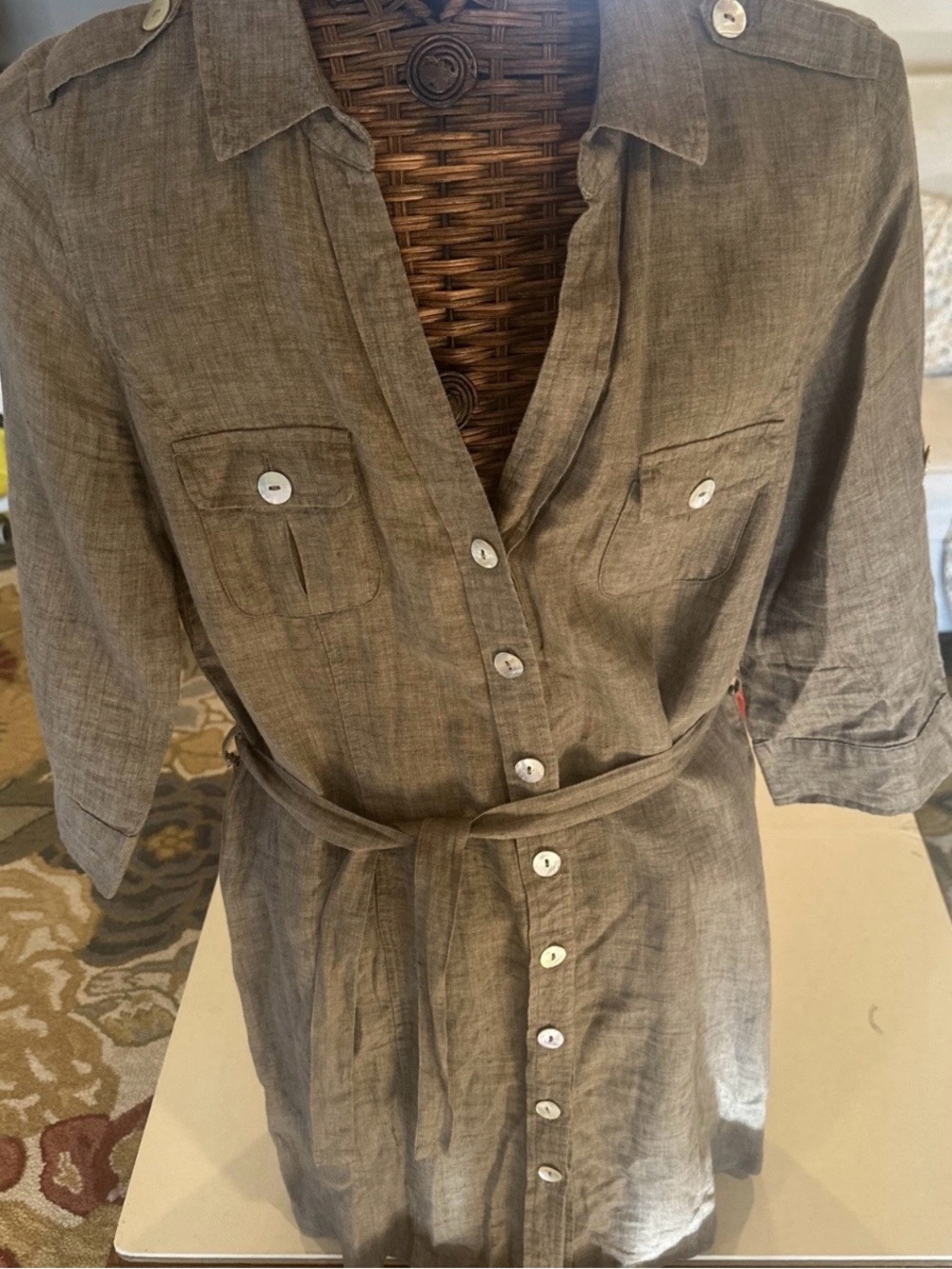 Malvin I Love Linen Shirt Dress  XL Oatmeal Germany Button 3/4 Sleeve Belted
